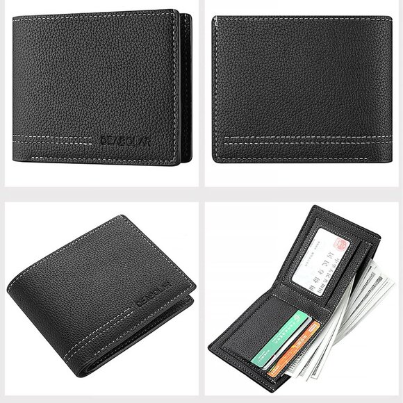 Men Wallet Black PU Material 4 Card Holder 2 Money Pockets 1 Clear Window - Picture 2 of 7